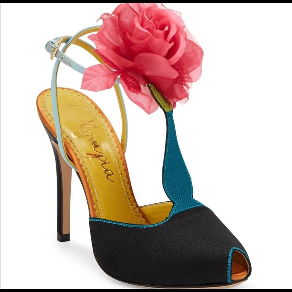 Charlotte Olympia ‘Ampora’ satin multicoloured slingback & peep-toe heels. Sz 40
